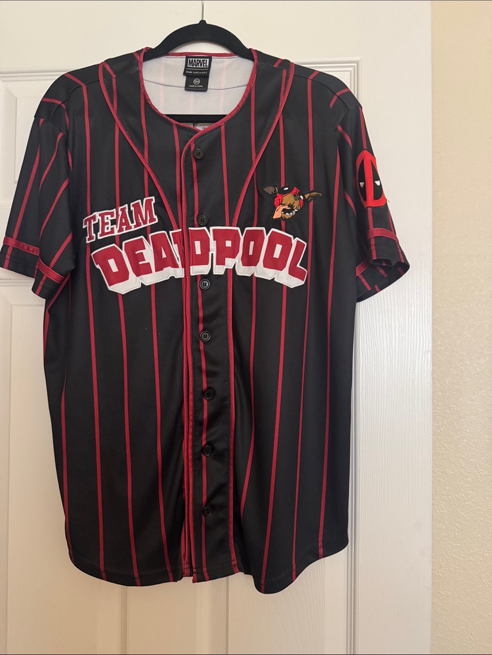 Marvel Team Deadpool Black & Red Pinstripe Baseball Jersey